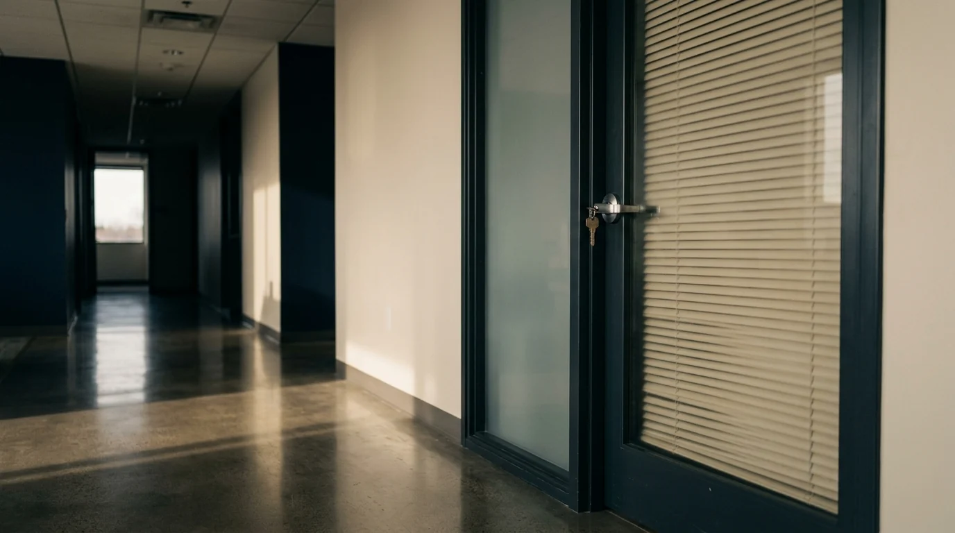 Locked frosted-glass office door with the key still in the lock, licence suspension as an AML non-compliance penalty