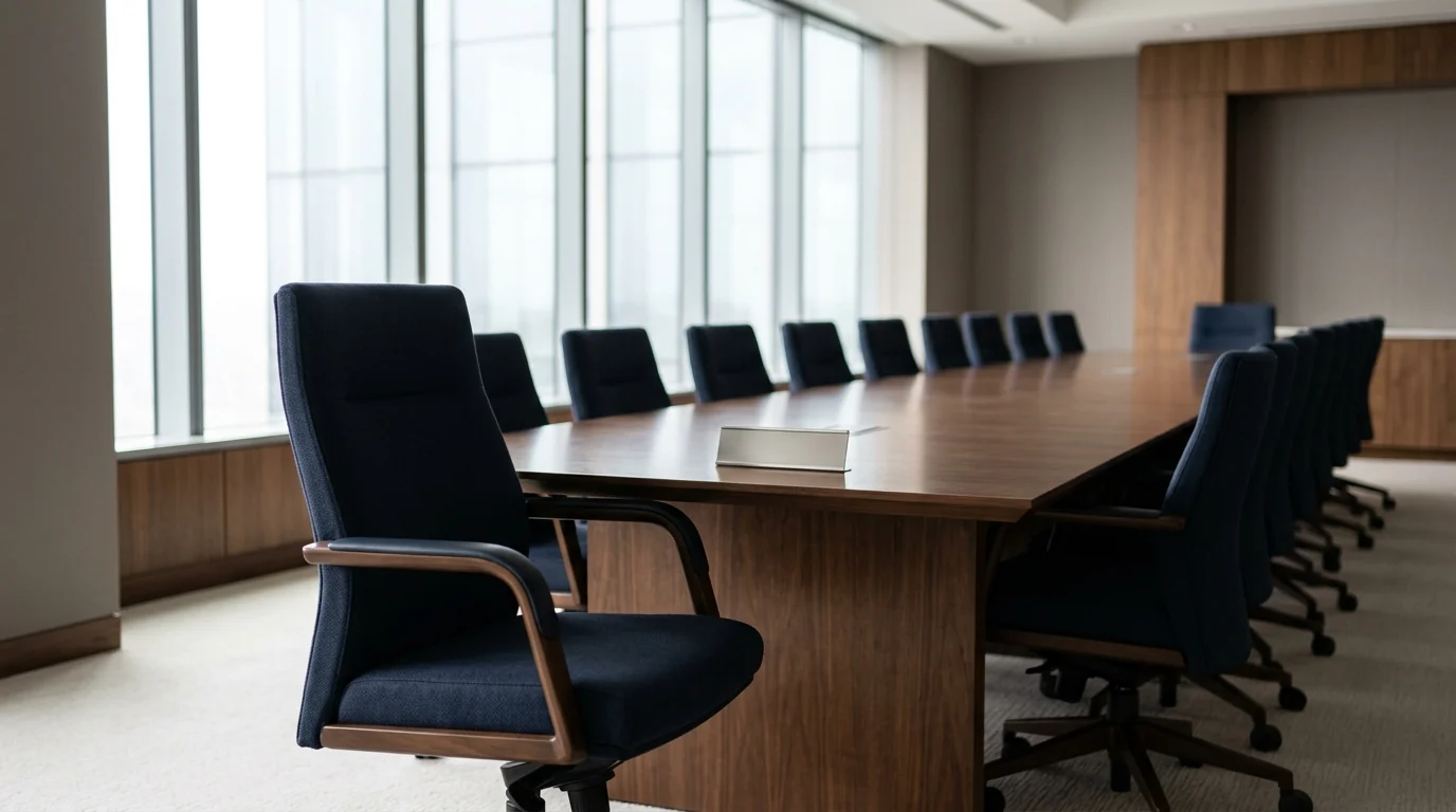 Empty chair at the head of a boardroom table with a blank nameplate, acting as a company director as a DNFBP trigger