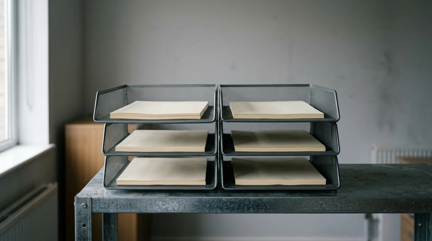 Six empty document trays with one pulled forward, the six DNFBP categories that must comply with AML law in the UAE