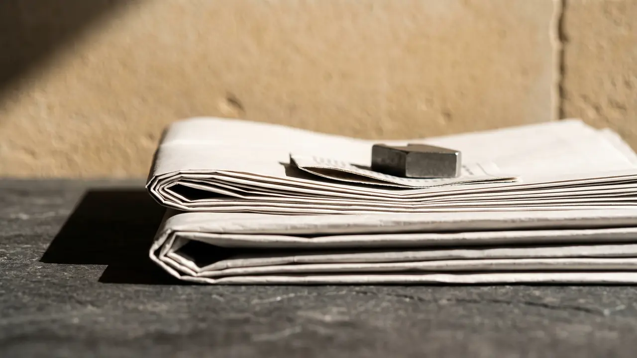 Folded newspapers and a cut tear sheet weighted on a desk, the published 45-day creditor notice