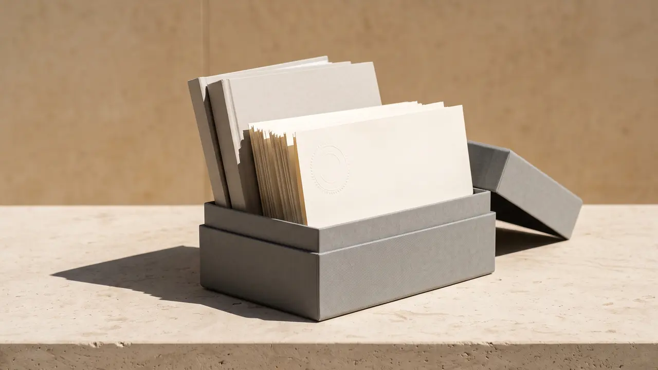 Open archival box holding a bound dossier and embossed certificates, the founder exit document pack