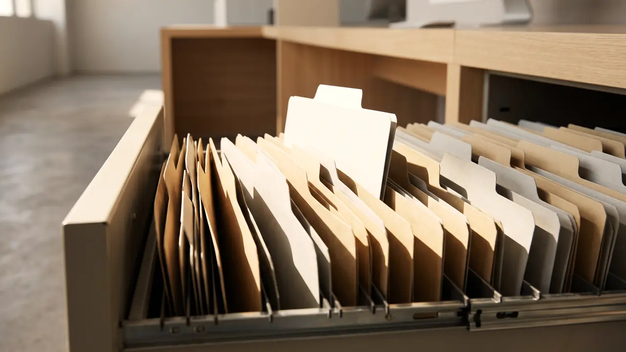 Filing drawer of ordered dividers with one pulled proud, the nine steps of a UAE company liquidation in sequence