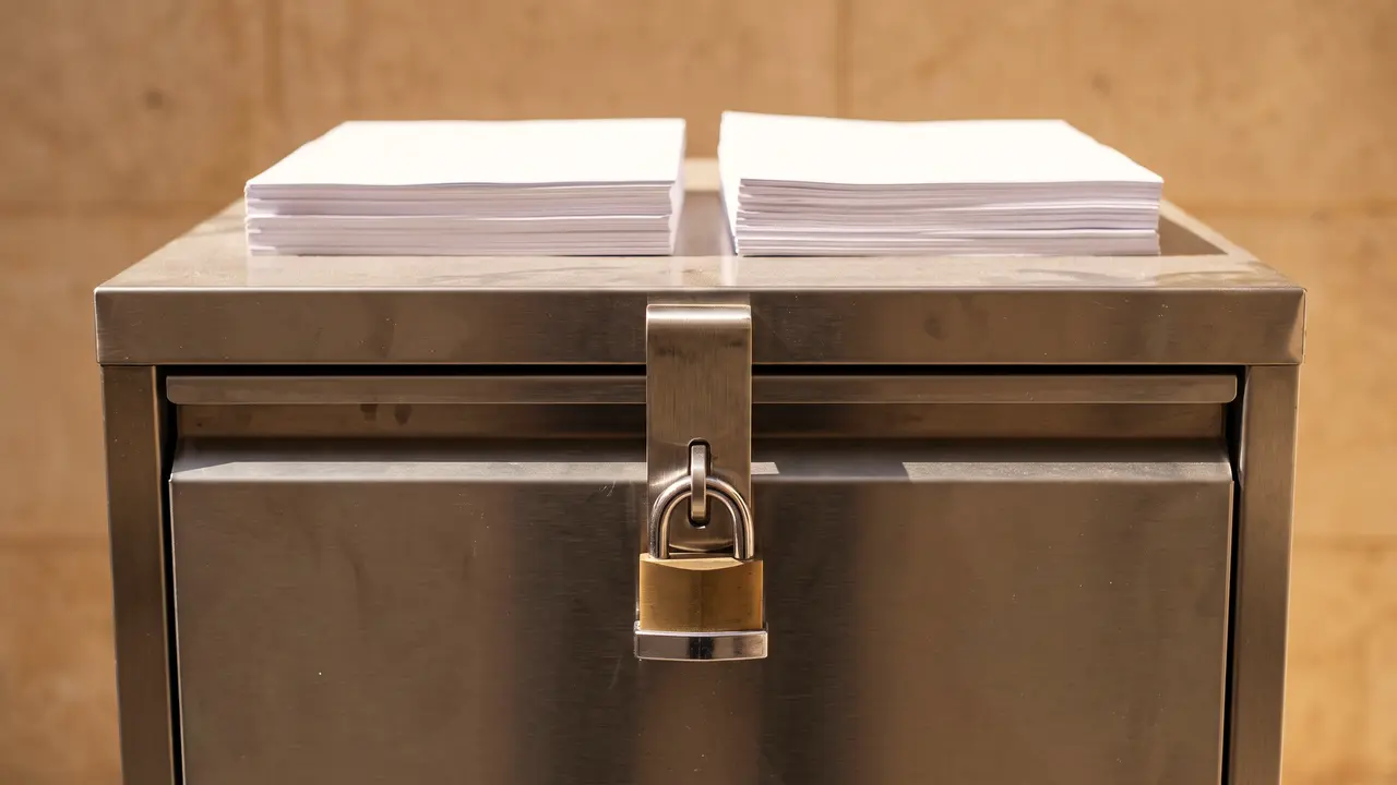 Locked steel filing drawer with document sets stacked on top, tax deregistration blocking trade licence cancellation