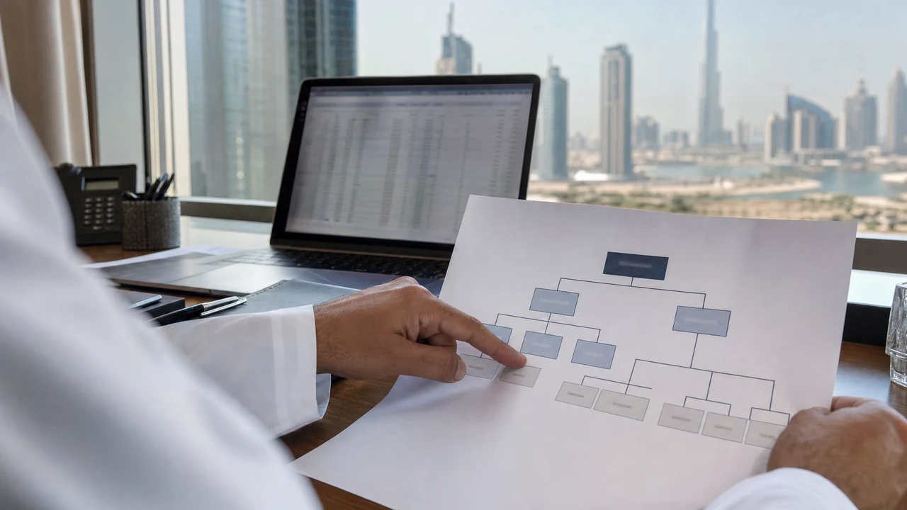Advisor pointing at a corporate ownership structure chart for a family office holding company