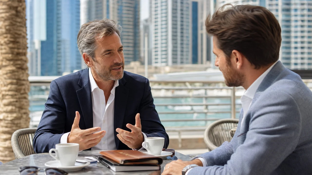 Advisors discussing family office structuring on a Dubai terrace