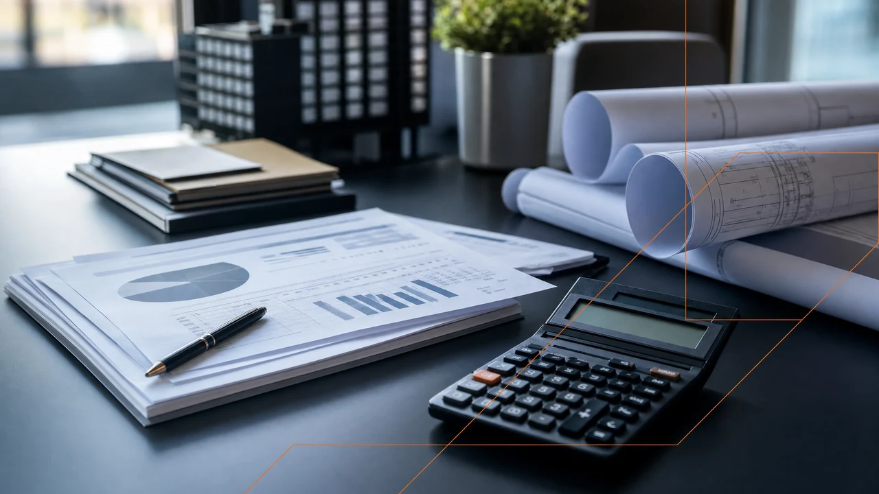 Financial documents, calculator and blueprints symbolizing tax structuring and compliance