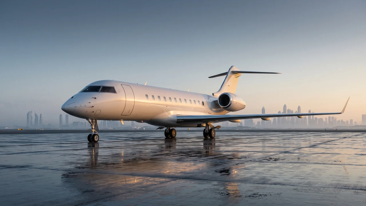 Private jet at dawn, held through a dedicated SPV beneath a DIFC family office