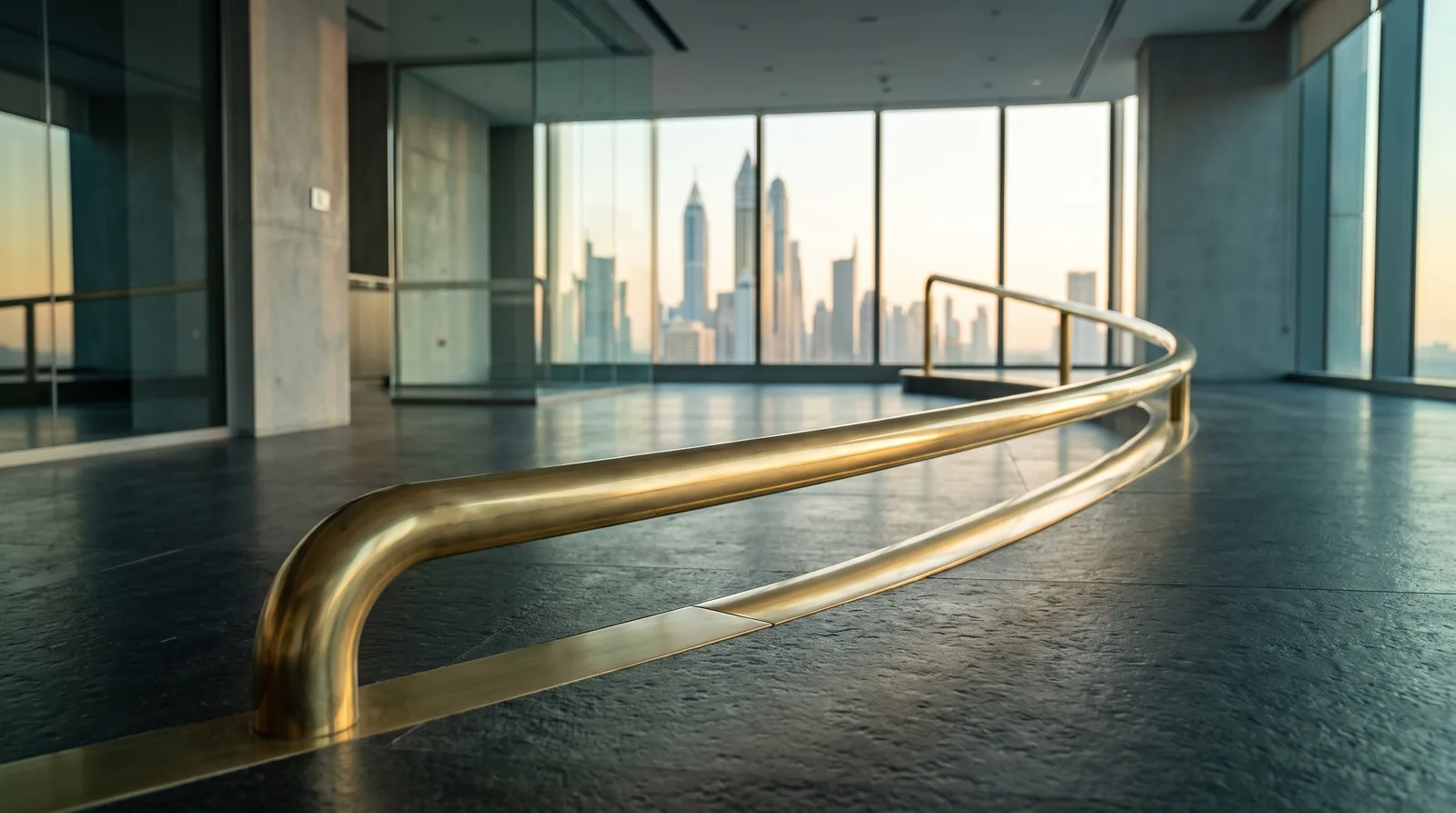 A single continuous brass rail curving through an empty Dubai office, representing an unbroken migration from sole establishment to LLC
