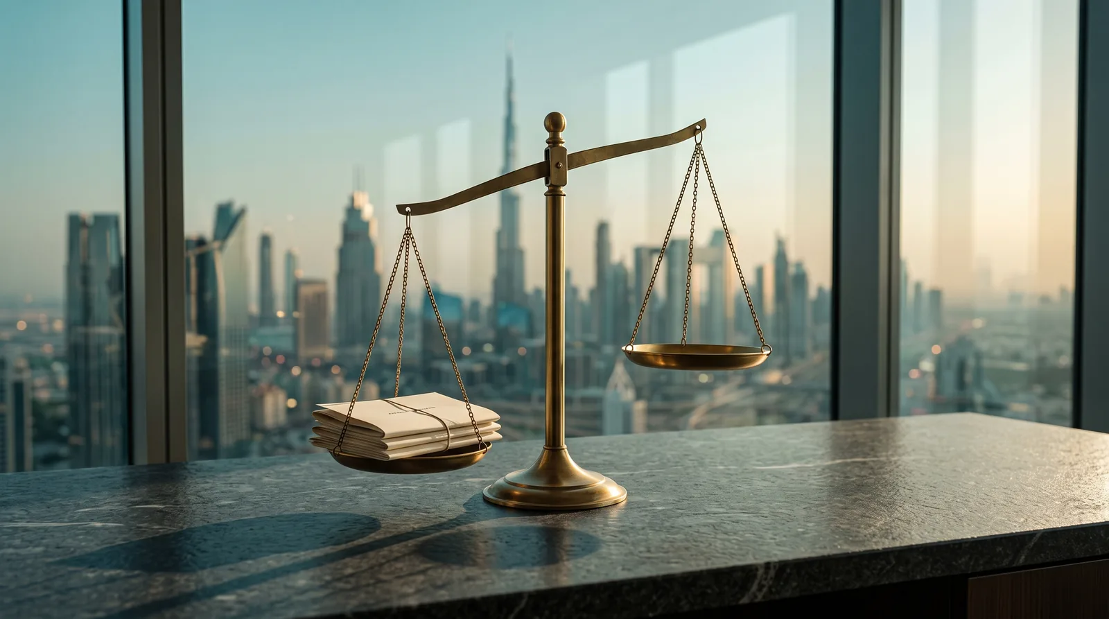 A brass balance scale on a stone desk above the Dubai skyline, one pan loaded and one empty, representing the UAE corporate tax thresholds