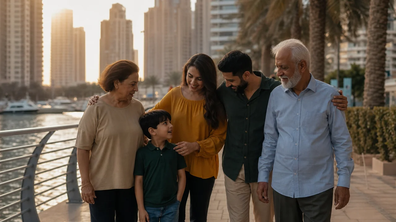 Multi-generational family walking together in Dubai at sunset