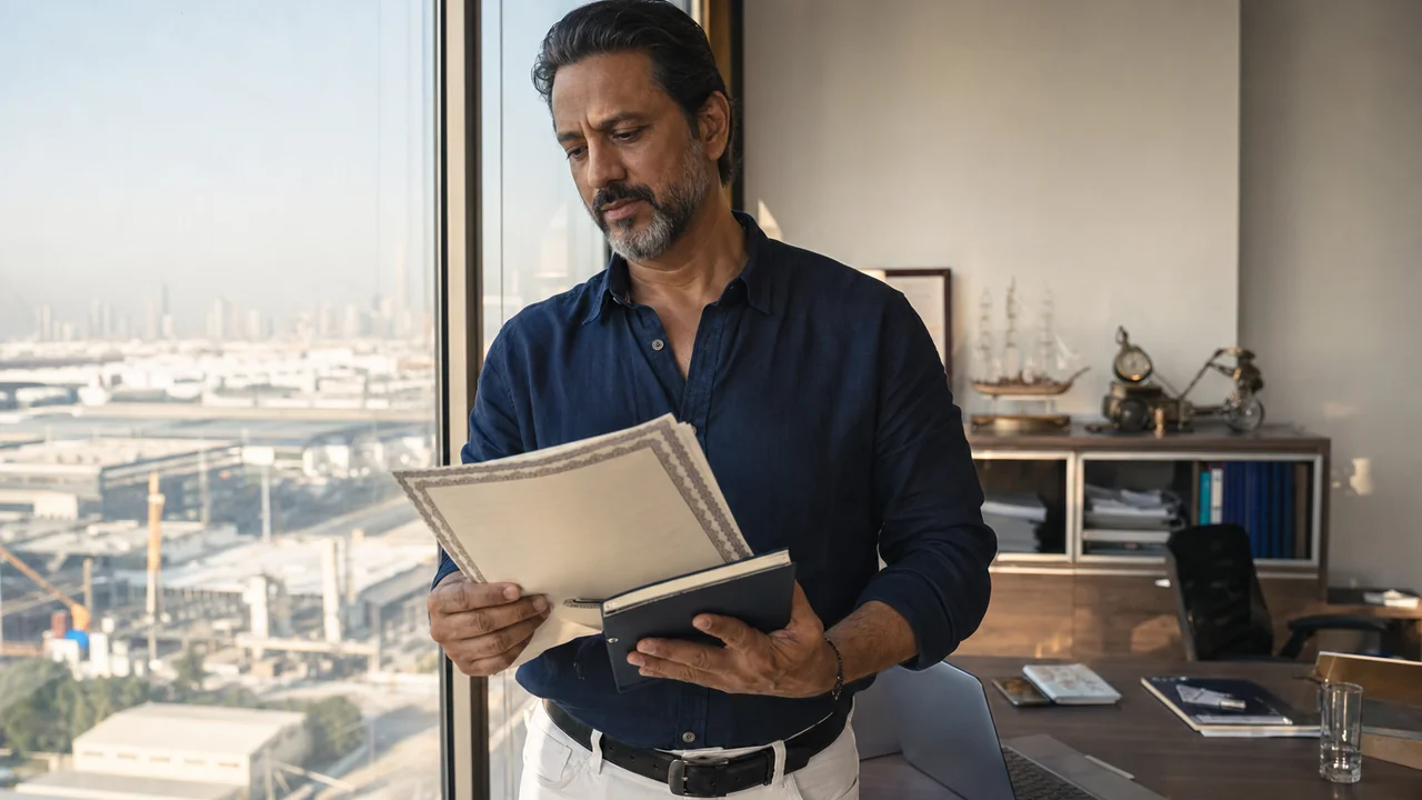 Business owner reviewing company share documents in a UAE office