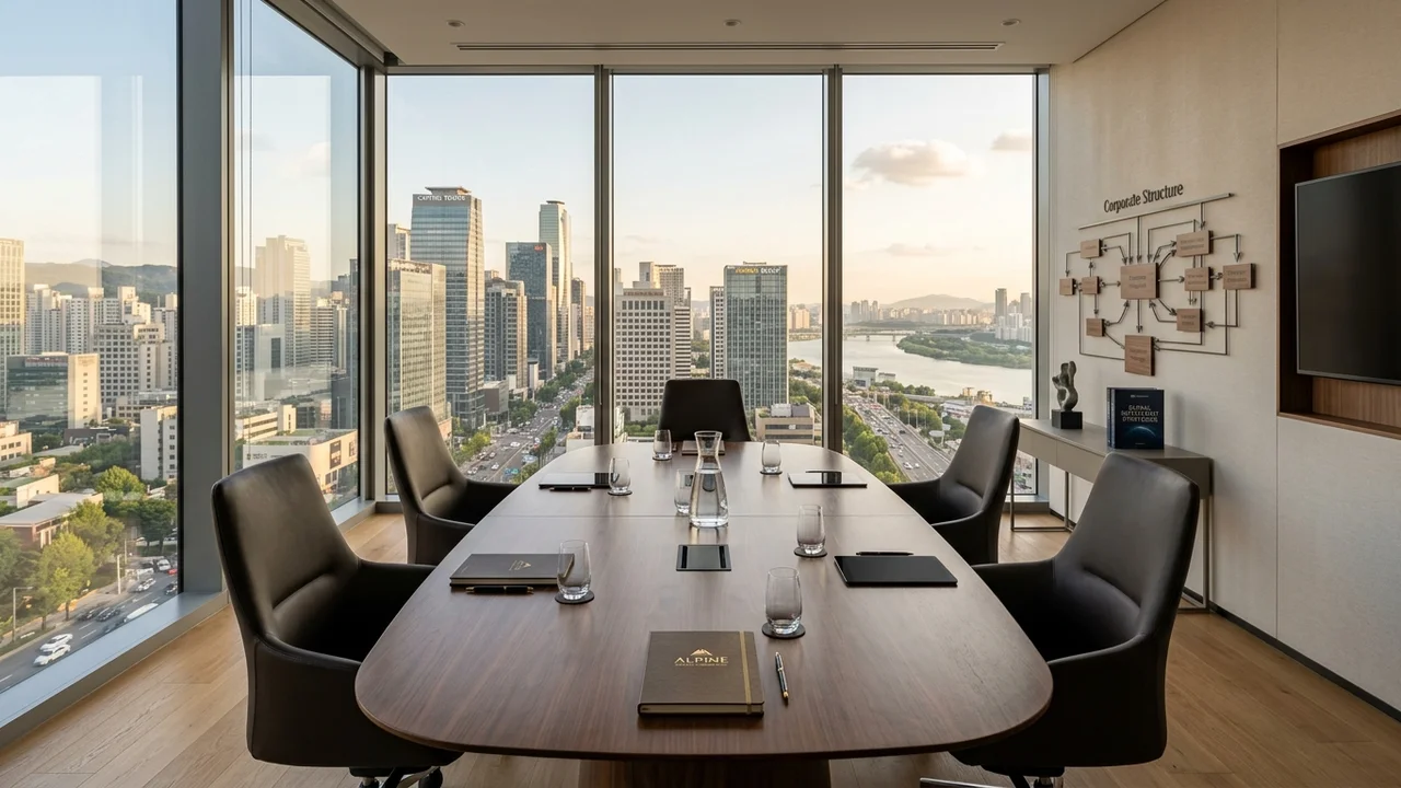 UAE corporate holding structure — boardroom overlooking city