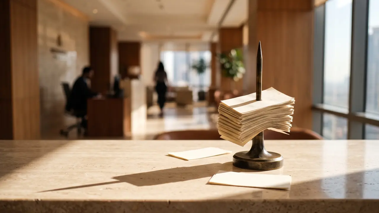 Bill spike buried under charge slips on an office reception counter, late renewal charges accruing on an expired UAE trade licence