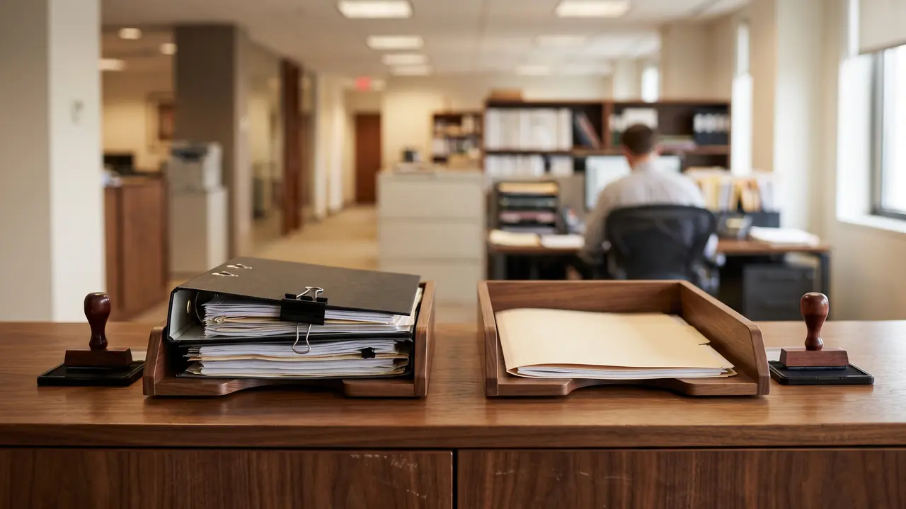 A thick mainland renewal binder and a slim free zone folder side by side in separate trays, two trade licence renewal processes