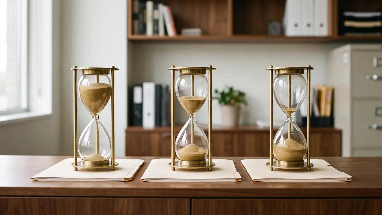 Three sand timers drained to different levels on an office credenza, UAE compliance deadlines running on separate clocks