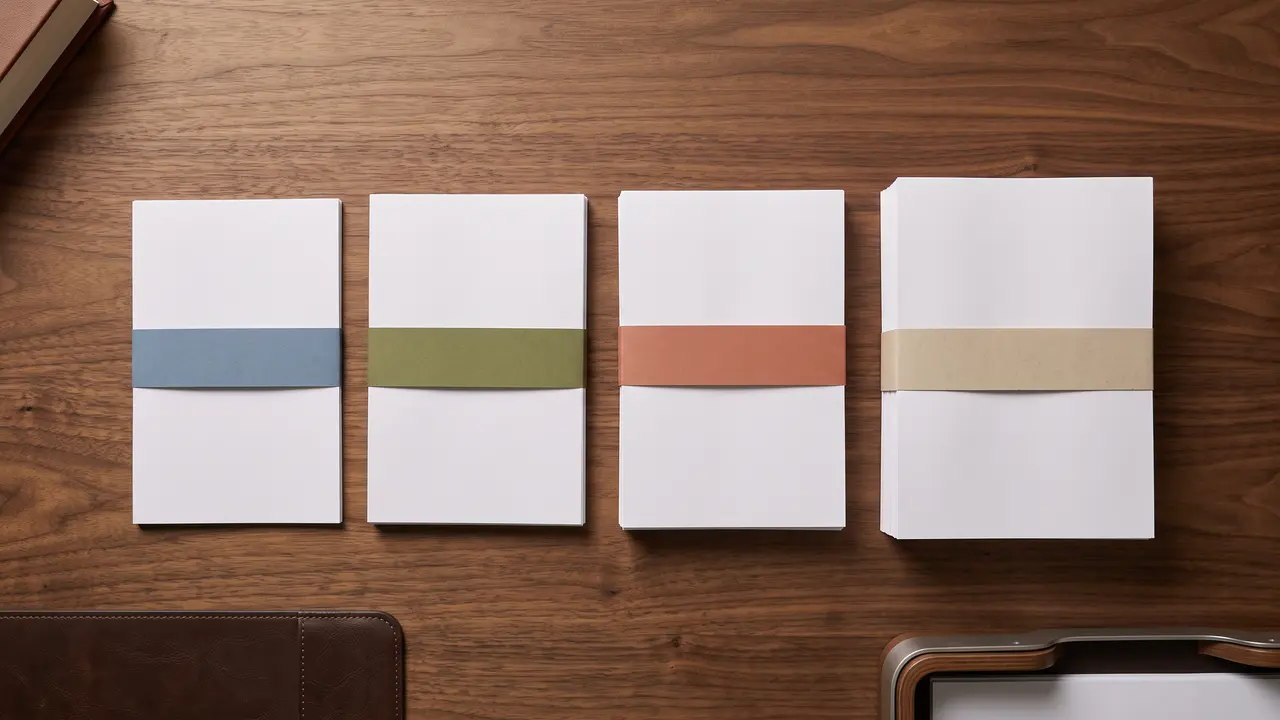 Four paper bundles of different thickness banded in different colours, the separate components of a UAE trade licence renewal cost