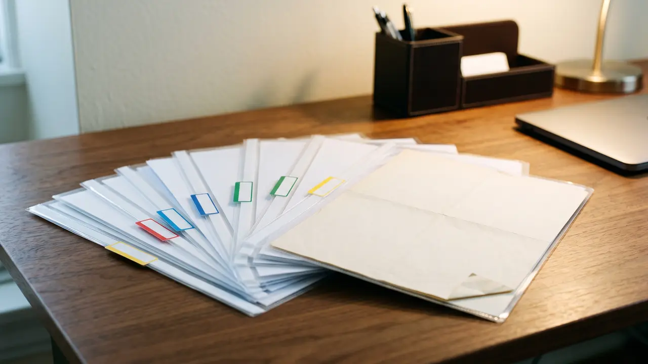 Fanned document sleeves of crisp papers with one aged sheet pulled proud, the out of date item in a UAE trade licence renewal file