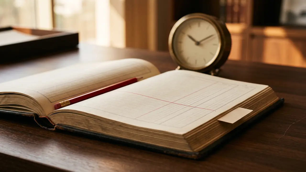 Open accounts ledger with a red line ruled across one column and a desk clock behind it, the 20 business day UAE VAT deregistration deadline