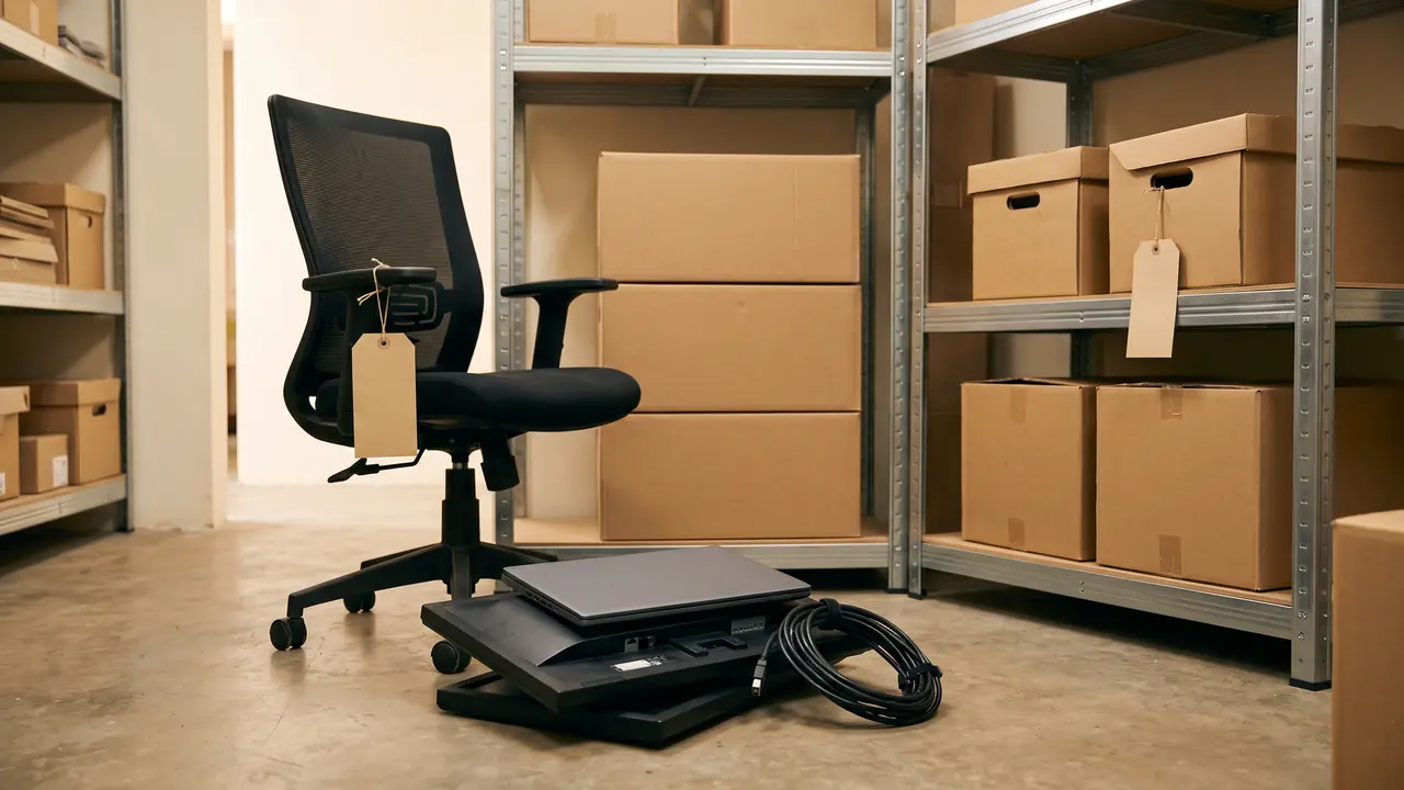 Office store room with tagged stock cartons, a chair and stacked equipment grouped for counting, business assets treated as a deemed supply on UAE VAT deregistration