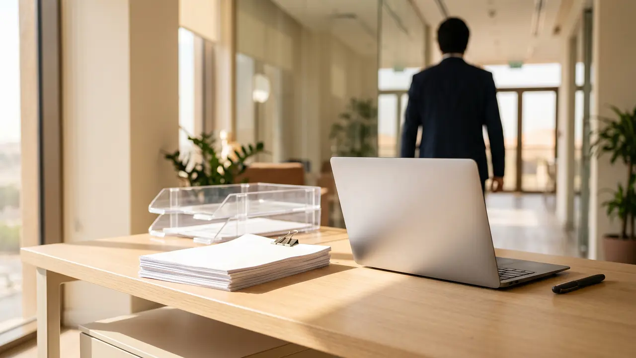 Laptop angled away beside a clipped stack of completed filings and an emptied document tray, outstanding VAT returns cleared before an EmaraTax deregistration application