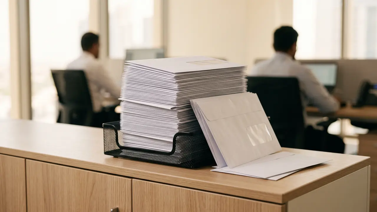 Document tray overfilled with identical unopened envelopes on an office credenza, a monthly UAE VAT late deregistration penalty repeating to its cap