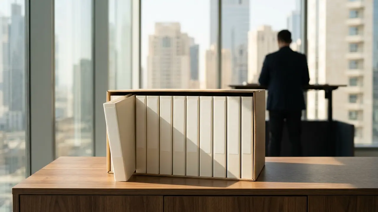 Identical folders filed in order in an archive box with one more being added, monthly DIFC DEWS contributions in place of a lump sum gratuity