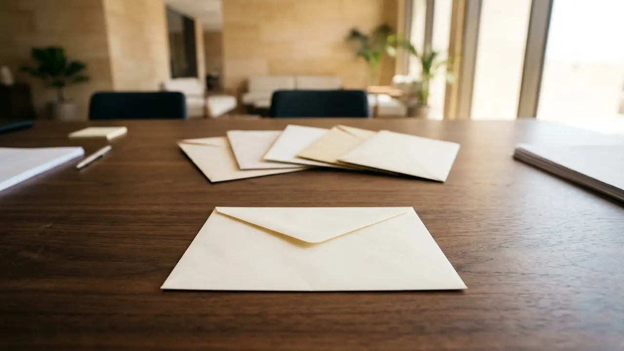 One envelope in the foreground with other envelopes set aside behind it, gratuity calculated on basic salary only with allowances excluded