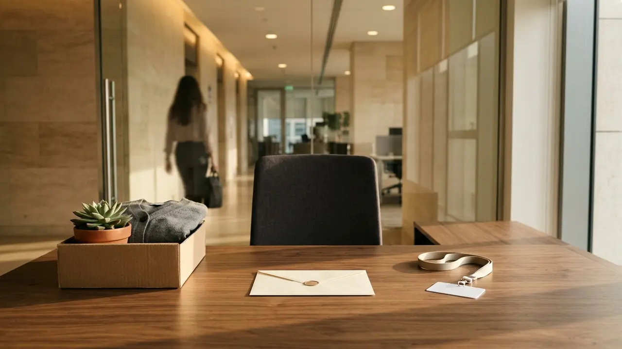 Cleared office desk with a sealed envelope, access card and a box of personal items, gratuity on resignation in the UAE