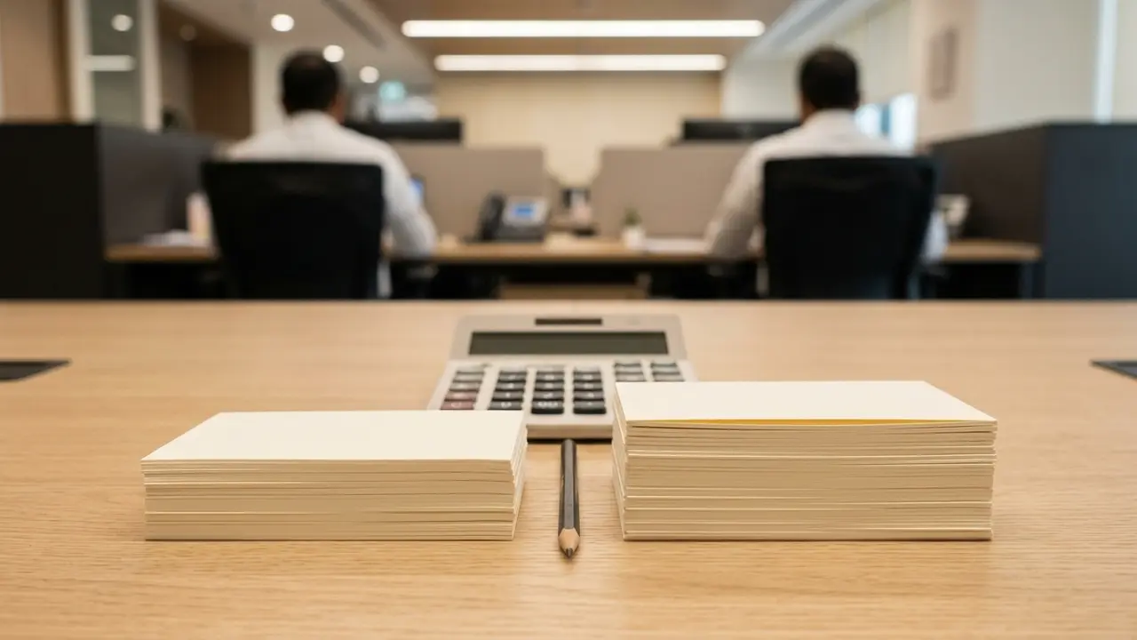 A short stack and a taller stack of blank cards with a pencil between them, the two tiers of the UAE end of service gratuity formula